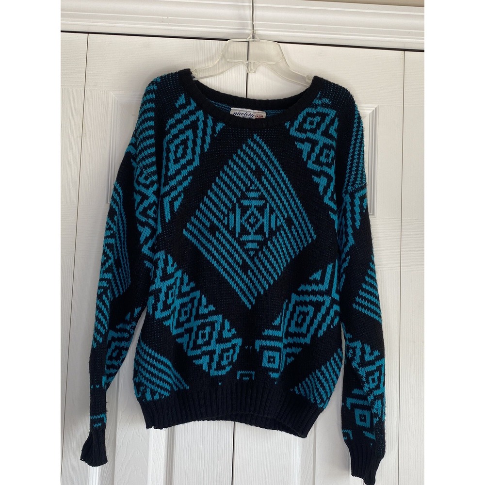 Vintage 1980's Sweater Nicolette New York Geometric USA Black Teal Women's  Sz L